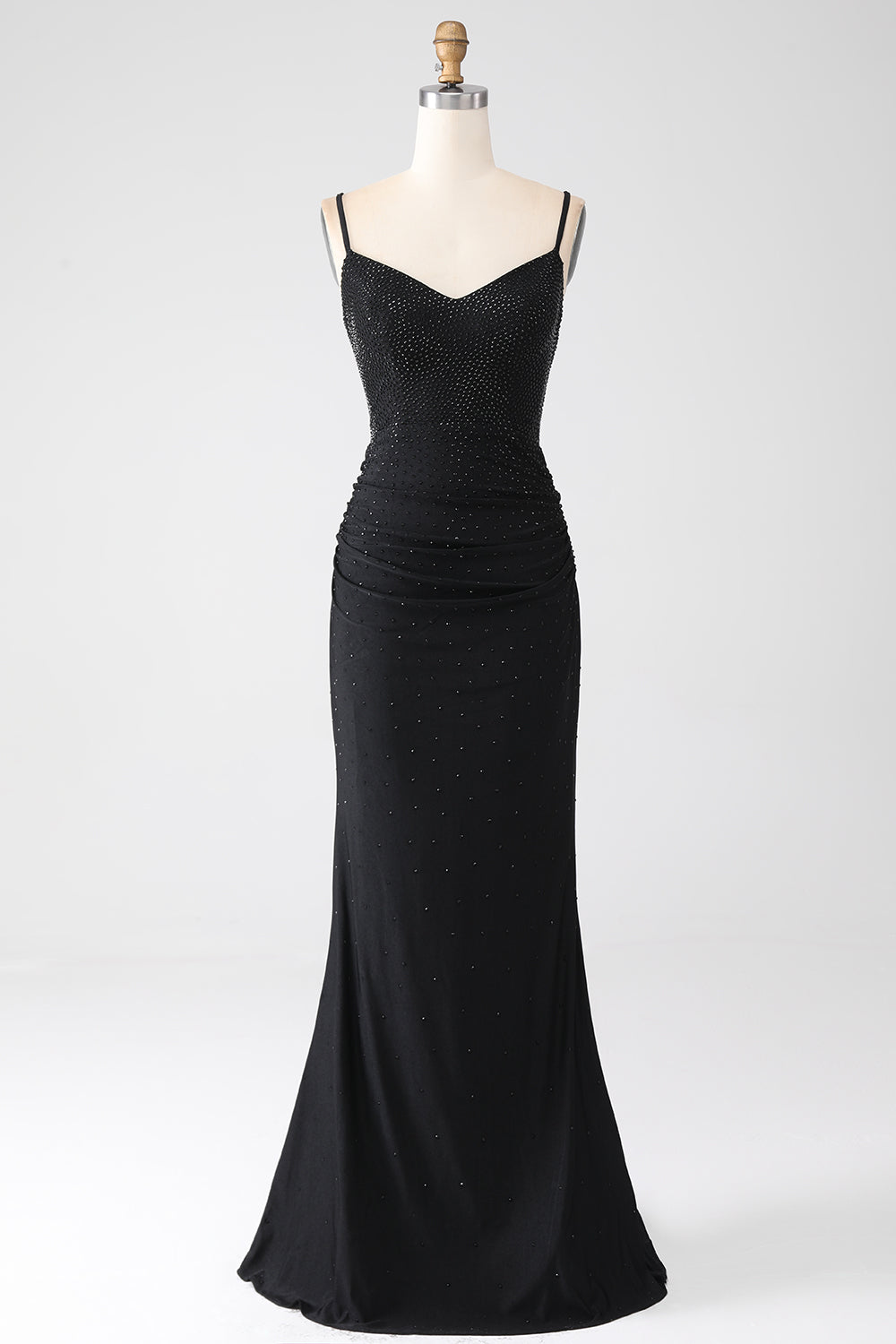 Luolandi Mermaid Spaghetti Straps Pleated Long Black Prom Dress with Beading Sexy Evening Dresses